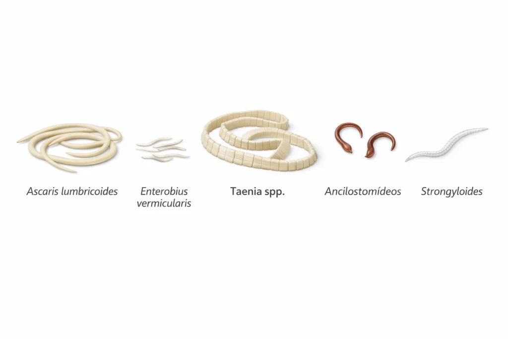 Infográfico médico mostrando cinco tipos de vermes intestinais: Ascaris lumbricoides, Enterobius vermicularis, Taenia spp, Ancilostomídeos e Strongyloides em fundo branco.