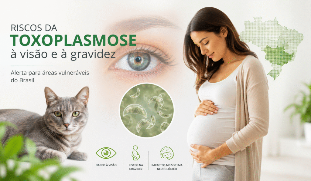 Ilustração sobre os riscos da toxoplasmose para a visão, gravidez e sistema neurológico em áreas vulneráveis do Brasil.